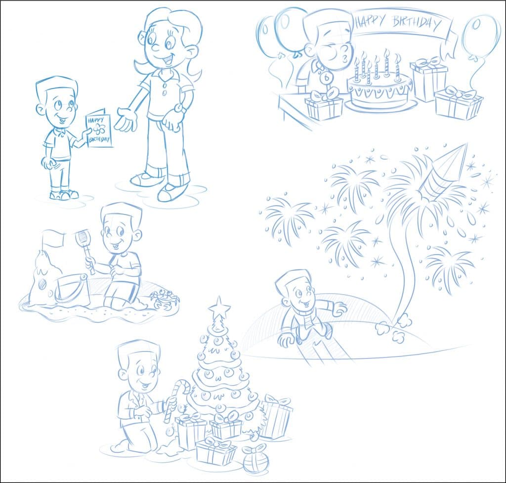 Rough sketches of boy celebrating his birthday and watching fireworks.