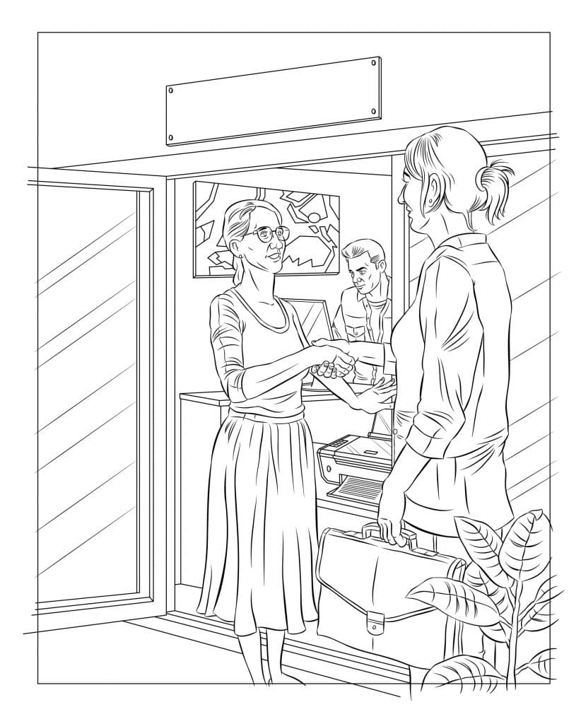 Line drawing of two women shaking hands.
