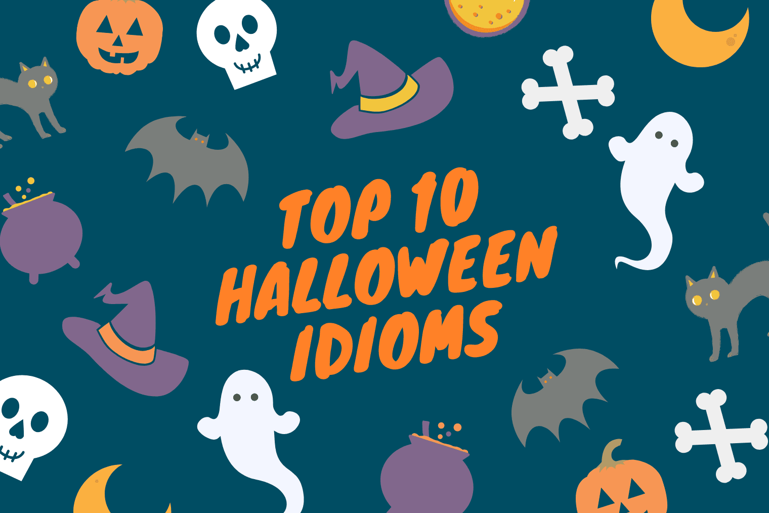 A spooky graphic with ghosts, pumpkins, skulls, witches hats, moons, bats and cats.