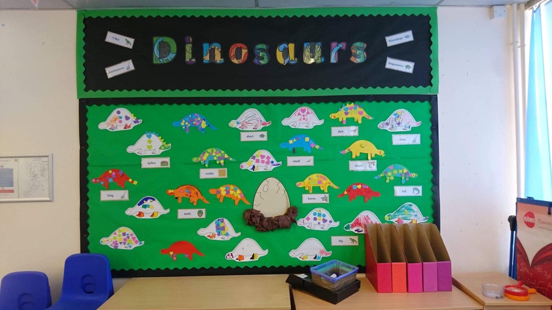 A dinosaur display board, with lots of different colours and types of dinosaur.