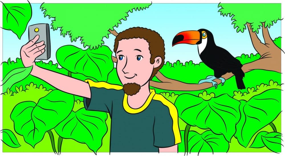 Young man taking selfie with a toucan. Illustration.