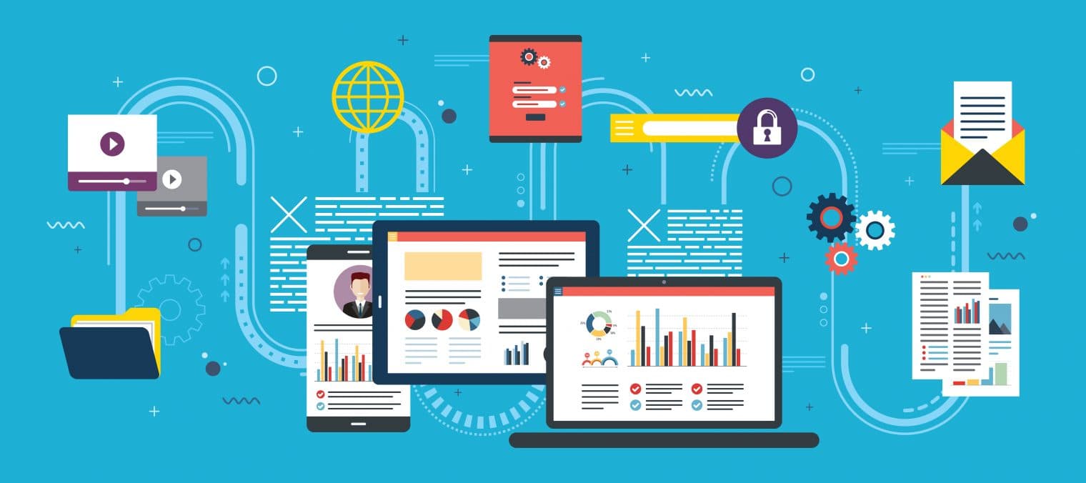 Tablet with performance analysis, laptop and internet screen with data, search icons and project management, application developments. Concept for successful business in flat vector design.