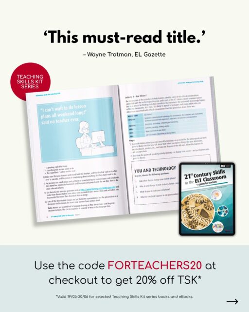 Invest in your teaching with 20% off our Teaching Skills Kit Series.

Written by leading ELT professionals including Christopher Graham, Nik Peachey, Gavin Dudeney and Nicola Meldrum, the series offers practical guidance on topics ranging from teacher training, lesson planning and 21st-century skills.

Use code FORTEACHERS20 at checkout to save 20%.

⏳ Offer ends 30th June at midnight.

📣 Coming soon: Lesson Planning for ELT: Frameworks and Principles for the Classroom by Mark McKinnon and Nicola Meldrum. Register your interest via the link in our bio to receive 10% off at launch.

#cpd #lessonplanning #21stcenturyskills #ELTresources