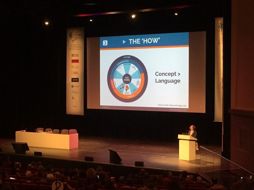 Image of a talk at IATEFL in an auditorium with a circle on the screen.