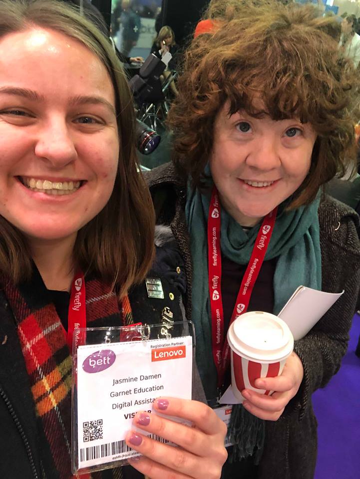 A selfie of Rosie and Jaz holding their BETT entrance passes. 