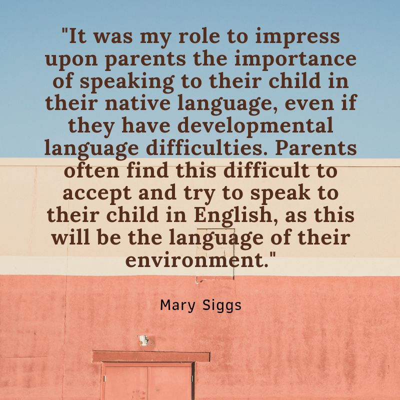 A quote from Mary set on a red, cream and blue background. "It was my role to impress upon parents the importance of speaking to their child in their native language, even if they have developmental language difficulties. Parents often find this difficult to accept and try to speak to their child in English, as this will be the language of their environment." 