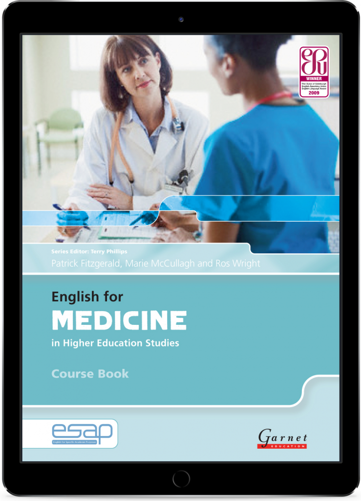 The cover of the English for Medicine Course Book in an iPad frame. 