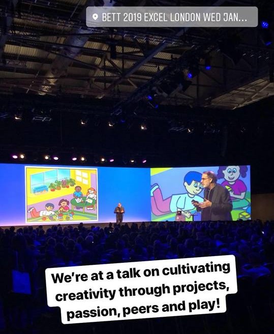 Screenshot of an Instagram story. A wide screen with colourful illustrations of children. Text: We're at a talk on cultivating creativity through projects, passion, peers and play!". 