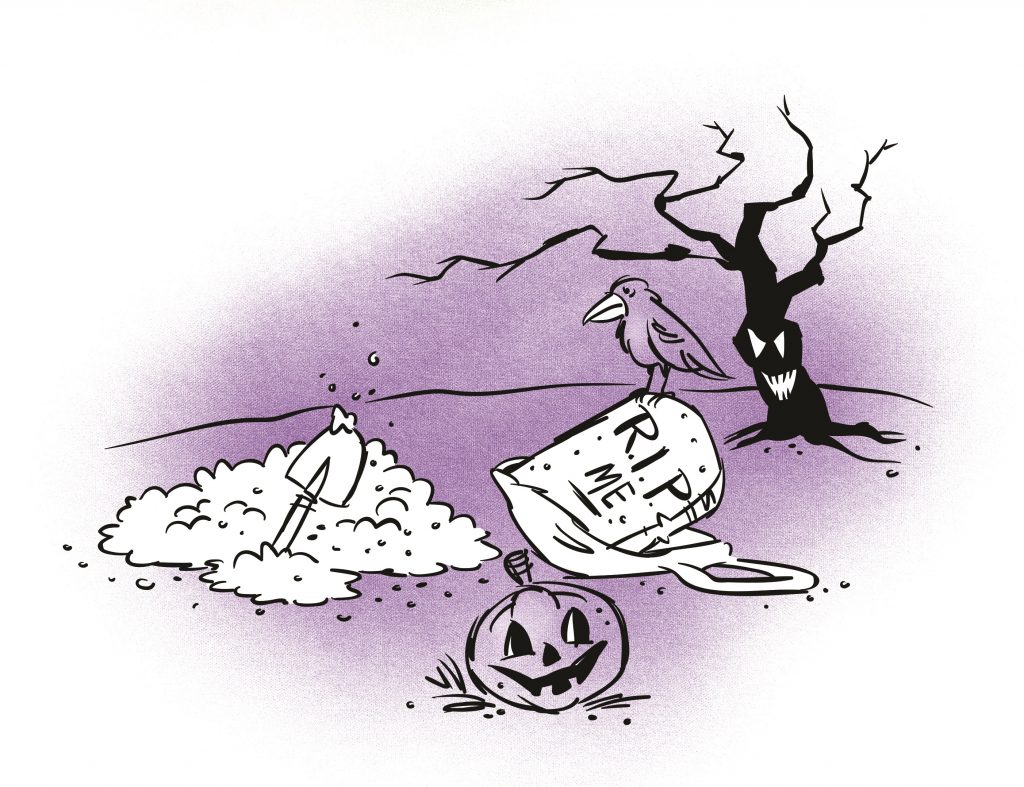 A gravestone with 'R.I.P. ME' is placed disjointed on the ground of a graveyard. A crow is perched atop the gravestone. A pile of freshly dug soil with a spade is next to it. Illustration.