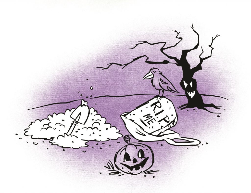 A gravestone with 'R.I.P. ME' is placed disjointed on the ground of a graveyard. A crow is perched atop the gravestone.  A pile of freshly dug soil with a spade is next to it. Illustration.