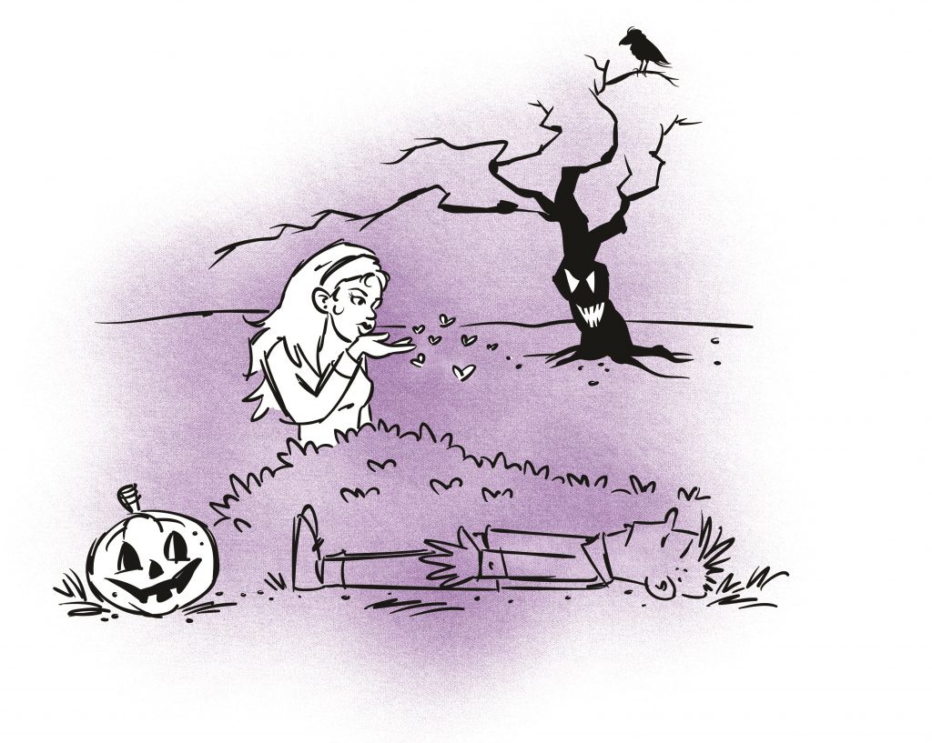 A spooky scene. A boy is lying next to a bush with legs together and arms straight down. His eyes are closed. A woman is standing on the other side of the bush blowing kisses at him. Illustration.