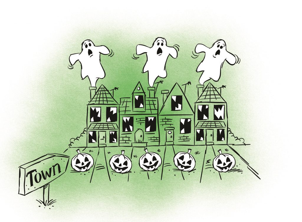 A collection of houses with ghosts spookily flying out of them. Illustration.