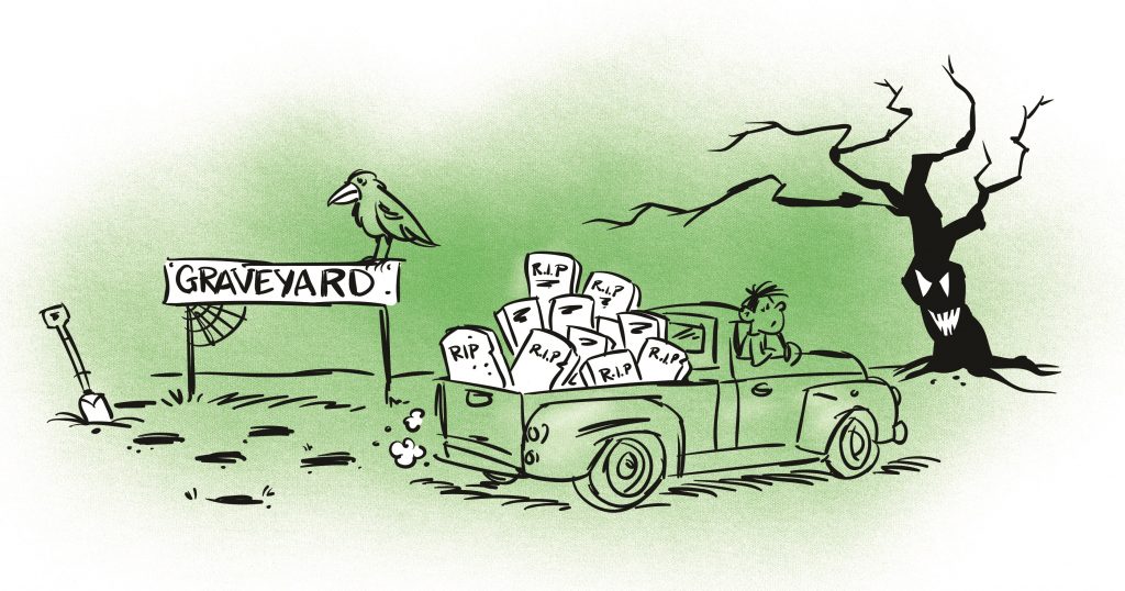 A crow stands perched on a sign that reads 'GRAVEYARD'. In the foreground, a pick-up truck is driving away with lots of gravestones in the back. Illustration.