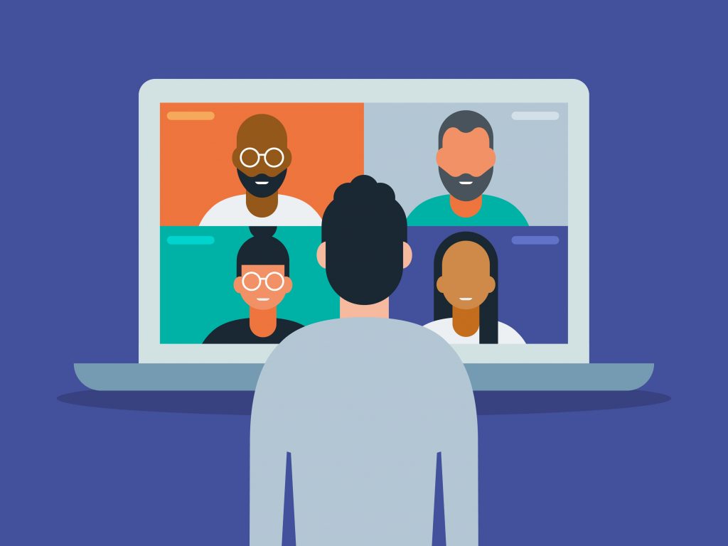 Man stood in front of a laptop with four faces on the screen as on a video call. Illustration.