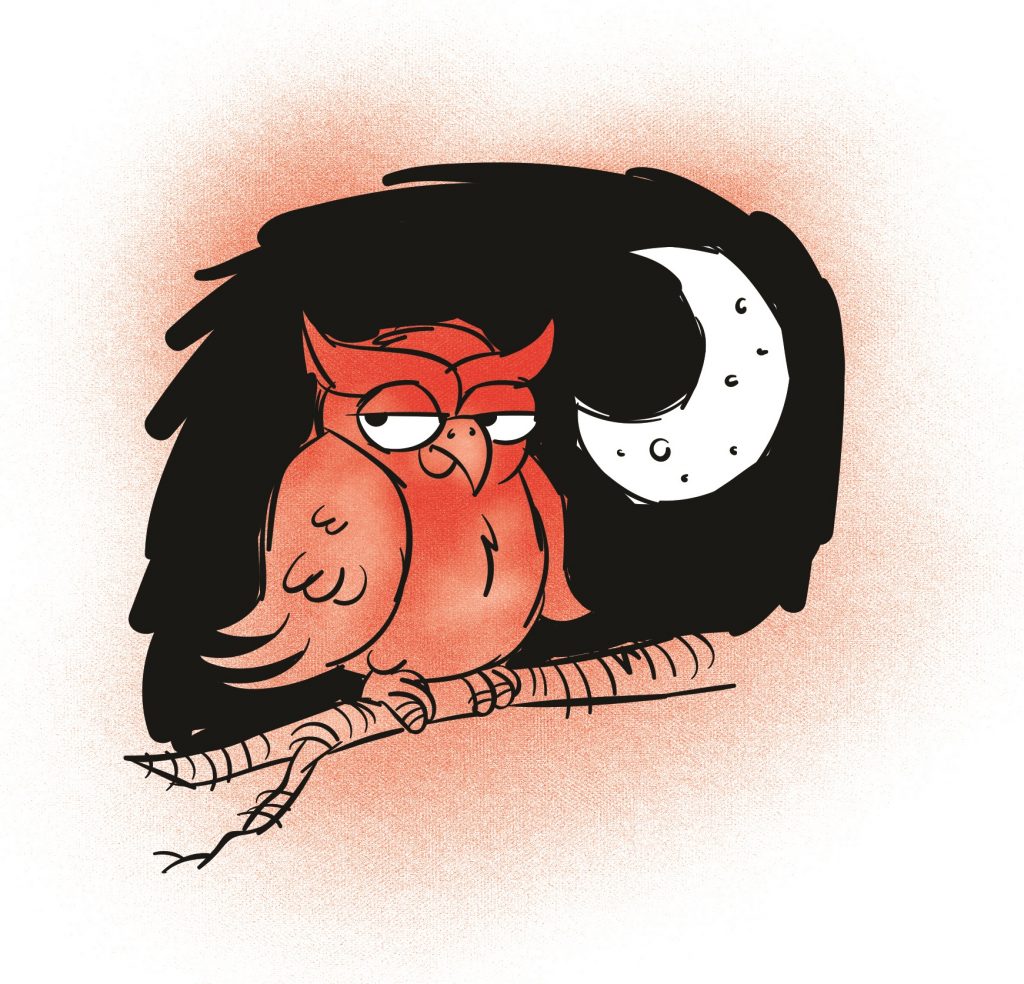 An owl is perched on a branch, looking to the right. A crescent moon is glowing behind it. Illustration.