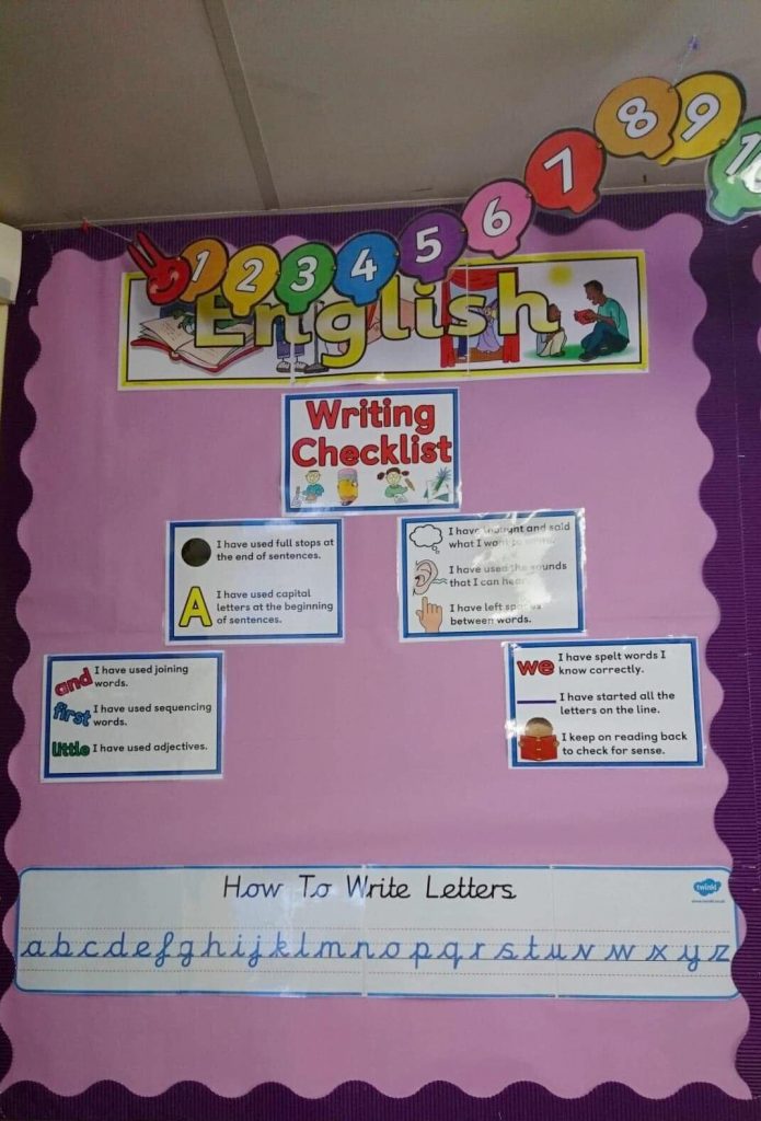 A colourful primary school display board for English, teaching children about writing and letters
