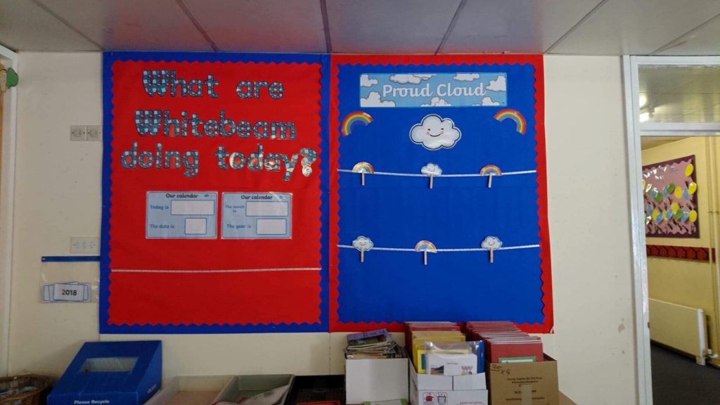 A colorful classroom board. On the left: What are whitebeam doing today?' On the right: proud cloud. Lots of rainbows and pegs ready top hang up good work. 