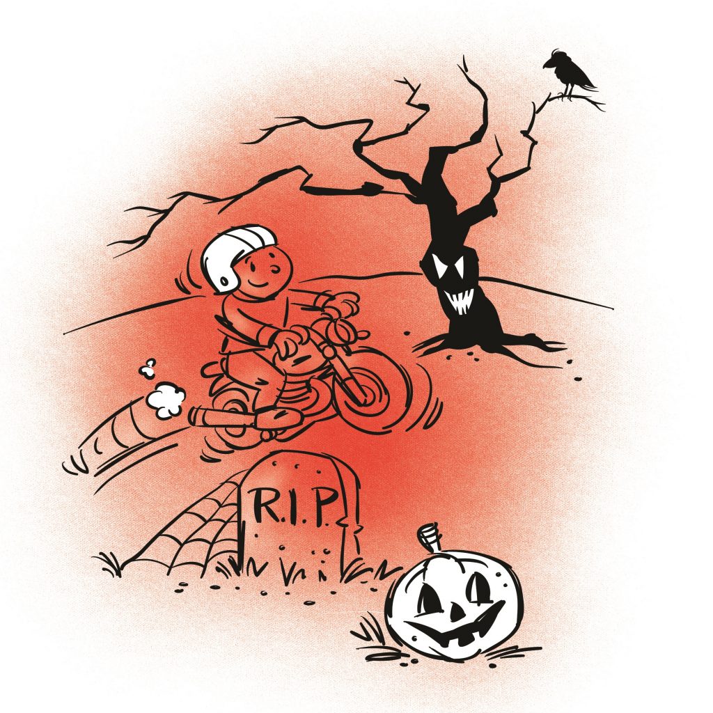 A boy on a motorbike is jumping over a gravestone in a graveyard. Illustration.