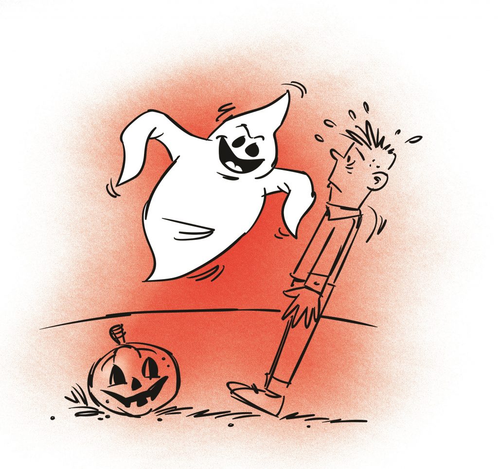 A young boy looking scared with his legs together and arms straight against his waist. A ghost hovers in front of him. Illustration.