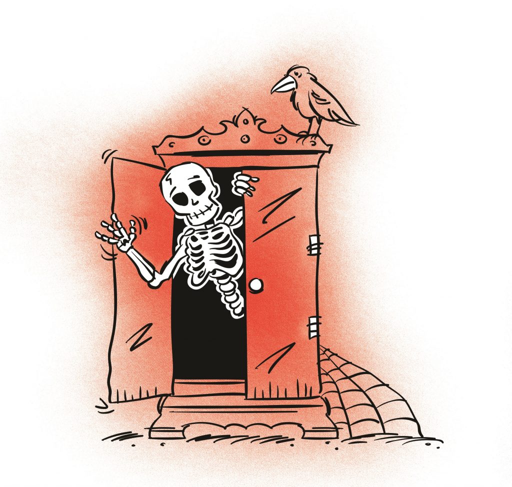 A skeleton waving out of a wardrobe or closet. Illustration. 