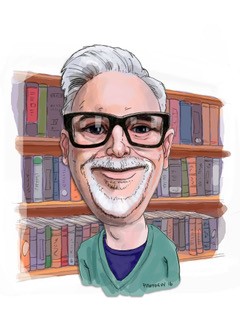 A caricature of Steve, a man with white hair, glasses and a goatee, in front of a bookshelf.